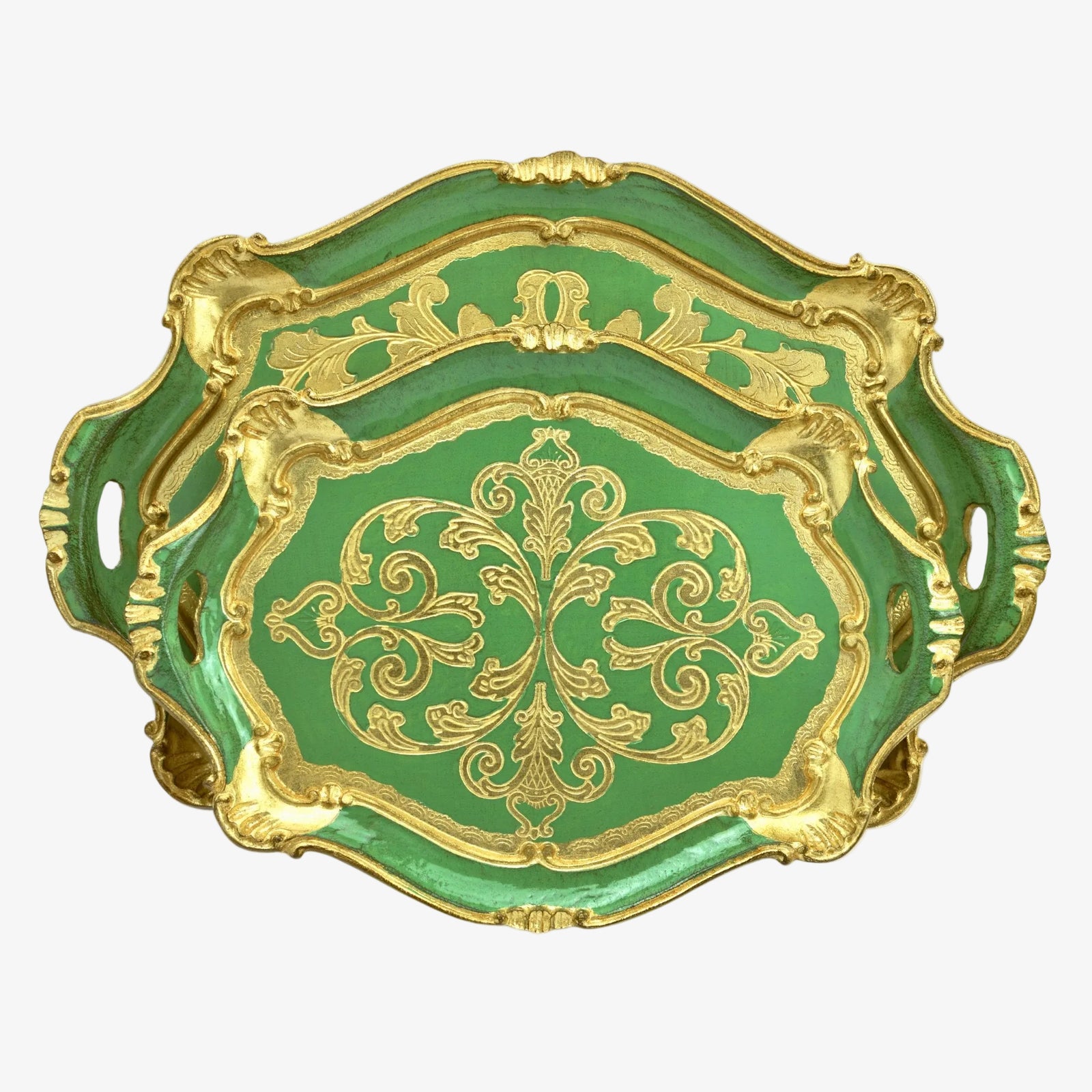 Decorative Florentine carved oval scalloped wood tray with handles, in assorted colors, by My Italian Decor for elegant home serving.