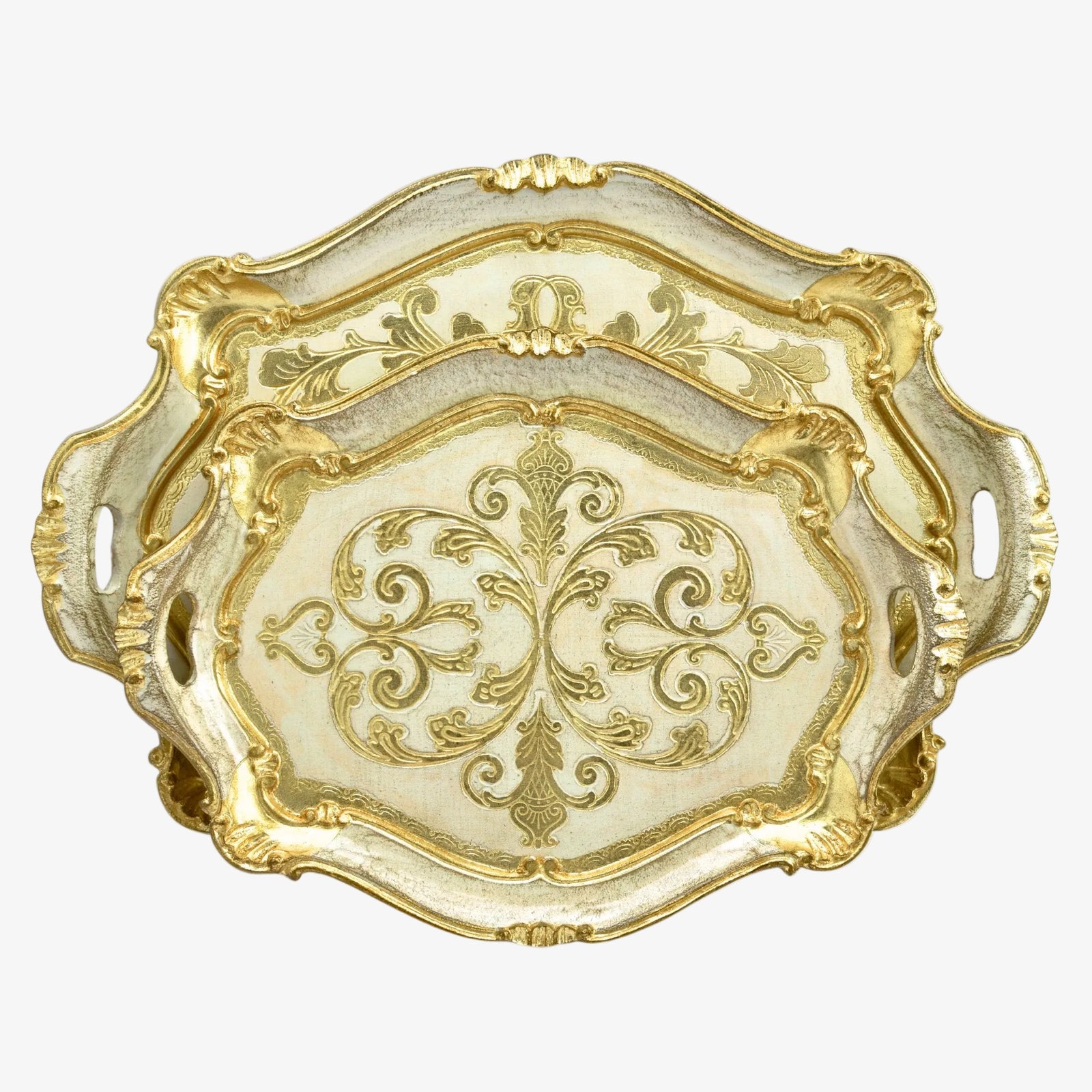 Decorative Florentine carved oval scalloped wood tray with handles, in assorted colors, by My Italian Decor for elegant home serving.