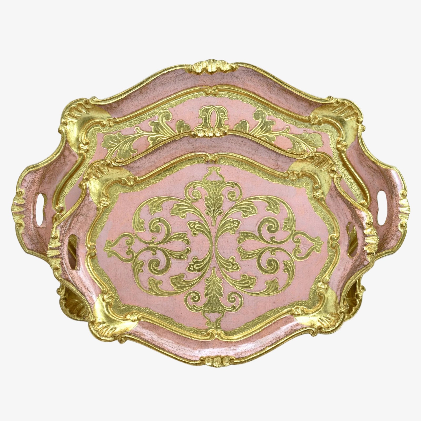 Decorative Florentine carved oval scalloped wood tray with handles, in assorted colors, by My Italian Decor for elegant home serving.