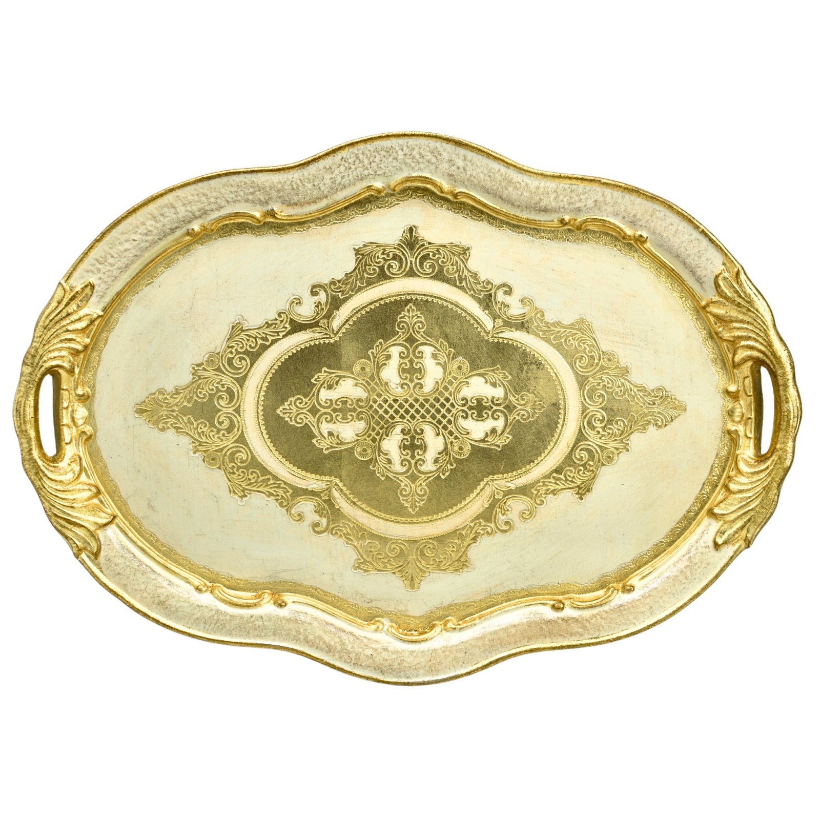 Decorative Florentine wood oval tray with handles, available in L or M, crafted in Italy by My Italian Decor
