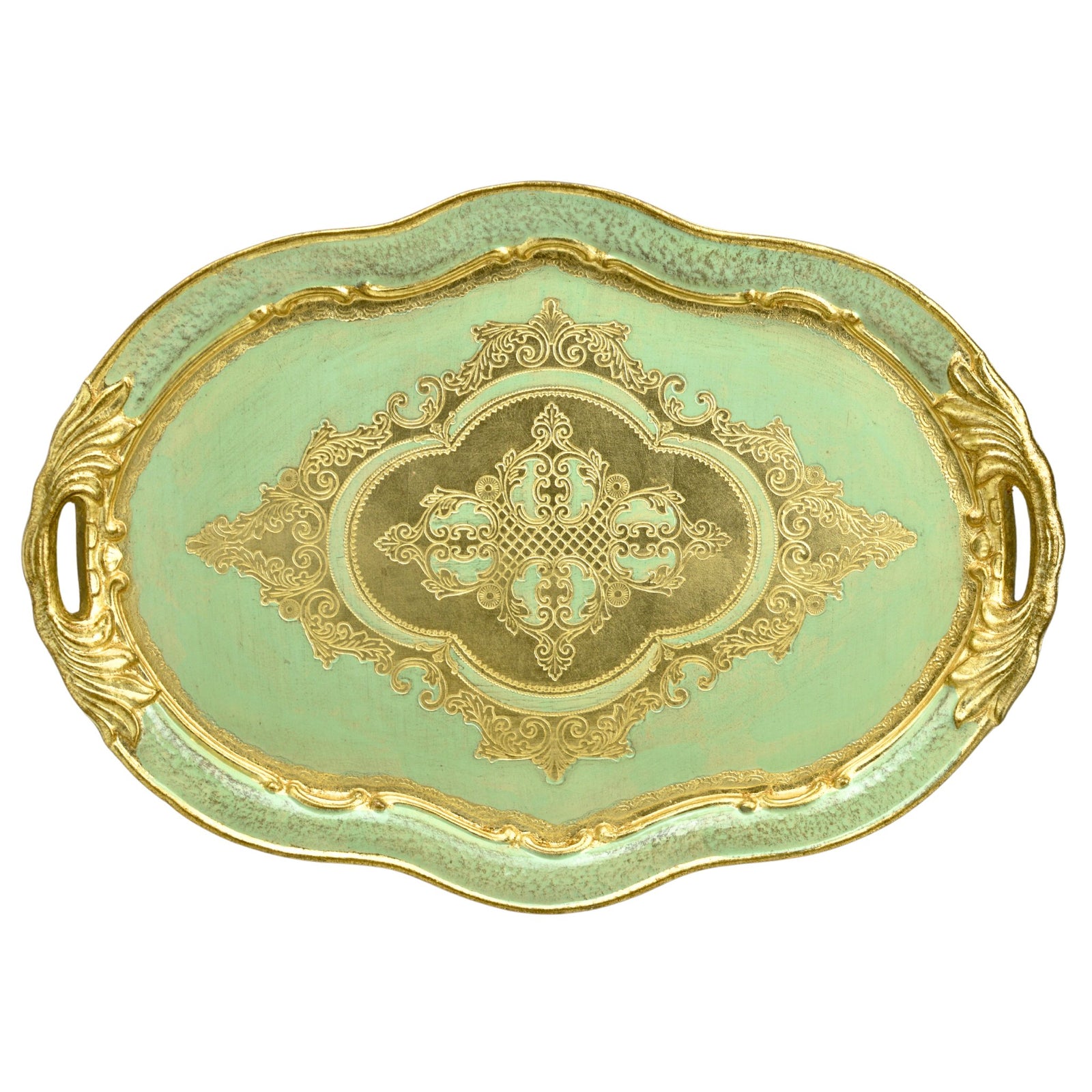 Decorative Florentine wood oval tray with handles, available in L or M, crafted in Italy by My Italian Decor