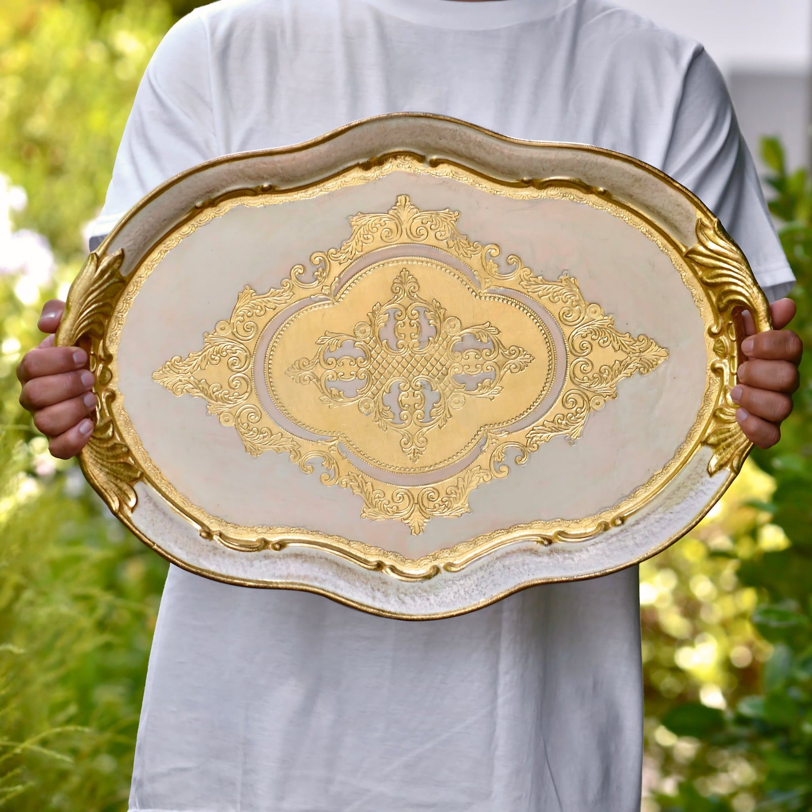 Decorative Florentine Wood Oval Tray with handles, available in L or M, made in Italy by My Italian Decor