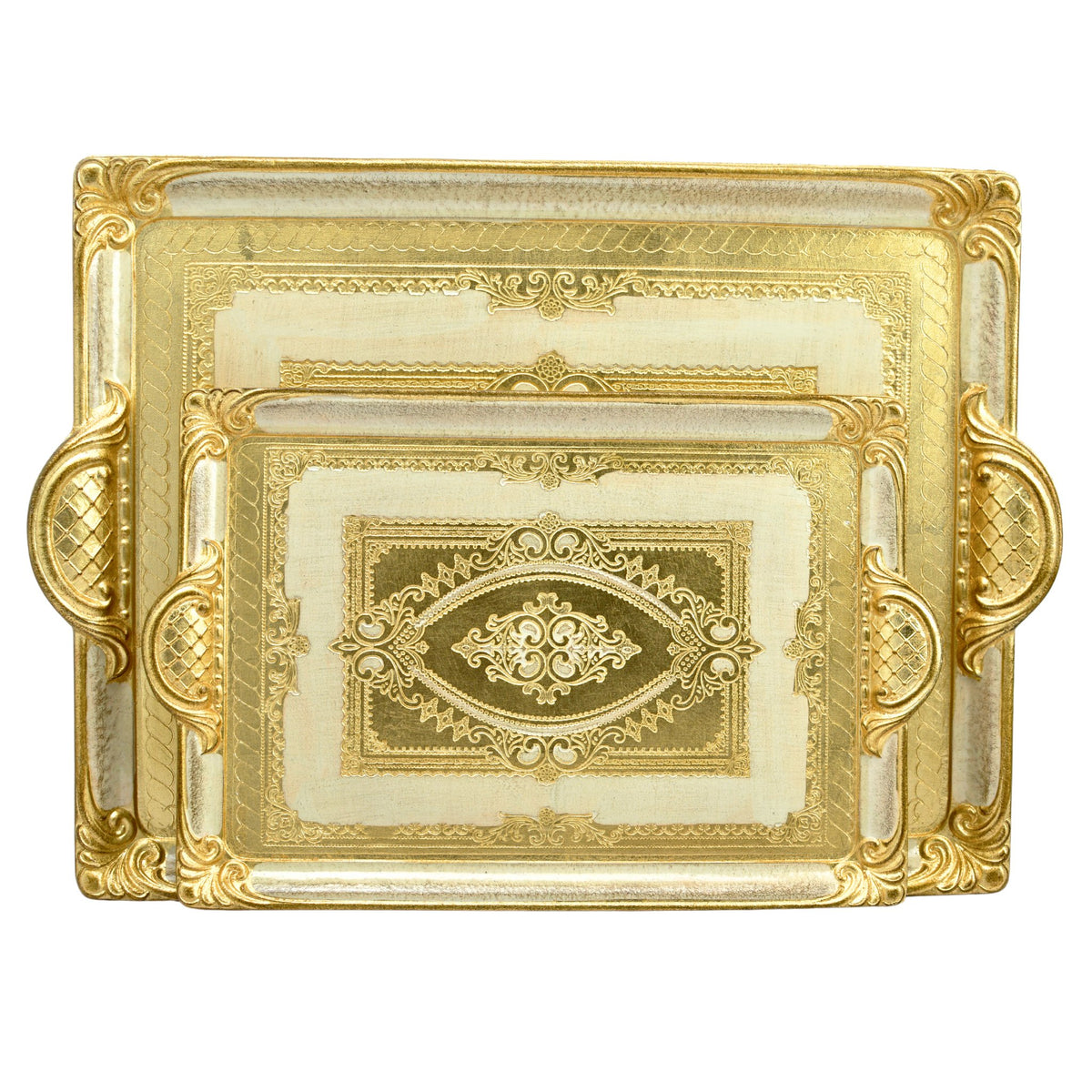 Florentine Carved Rectangle Tray with Handles, M or L, Made in Italy