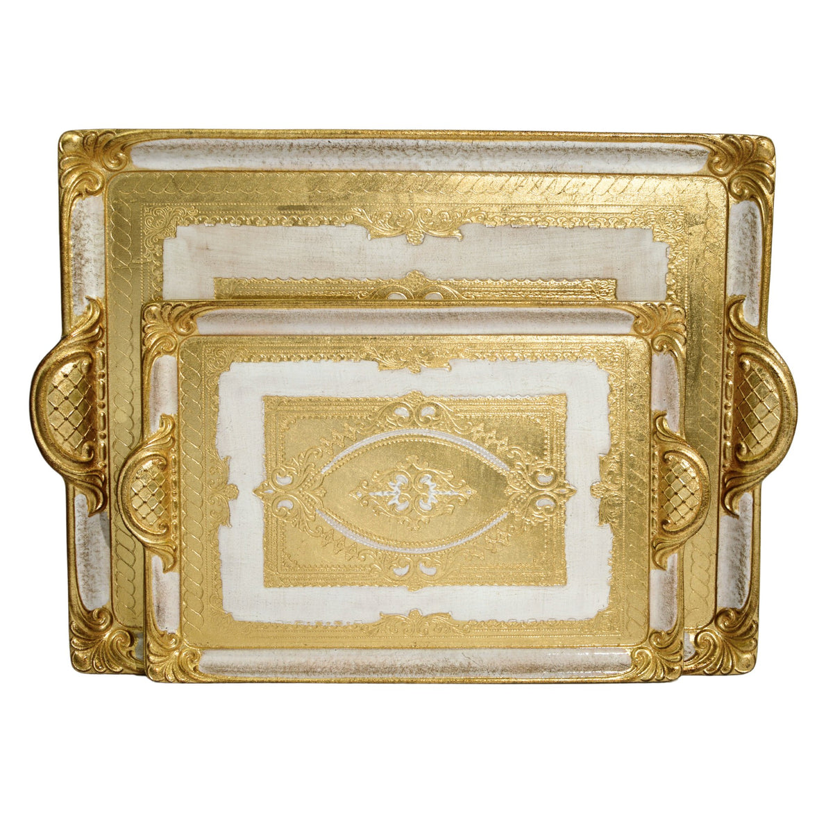 Florentine Carved Rectangle Tray with Handles, M or L, Made in Italy