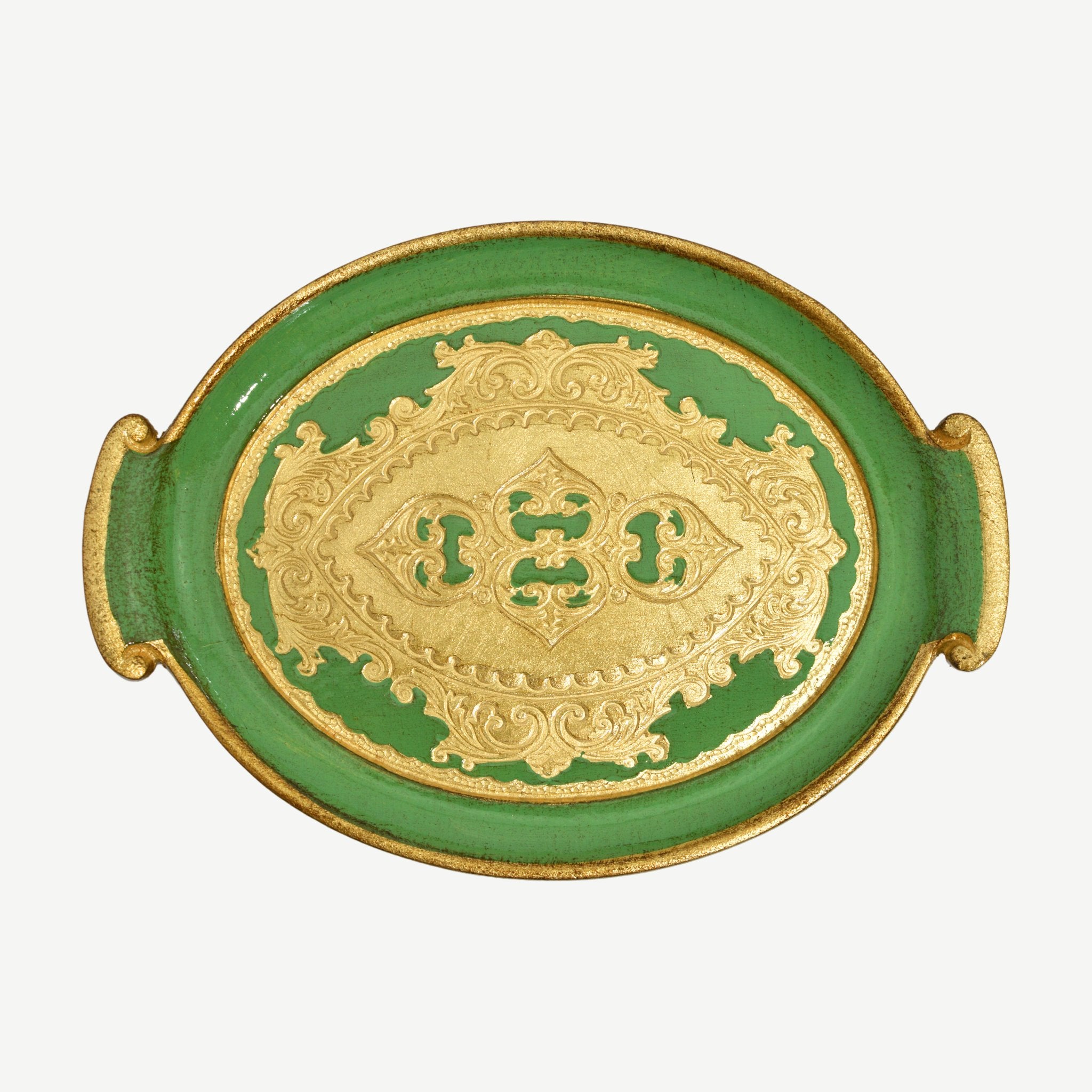 Decorative Florentine carved wood small oval tray with handles, featuring intricate patterns, by My Italian Decor.