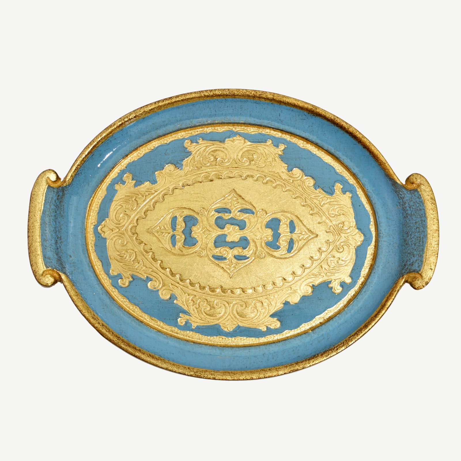 Decorative Florentine carved wood small oval tray with handles in multiple colors, ideal for display or serving.