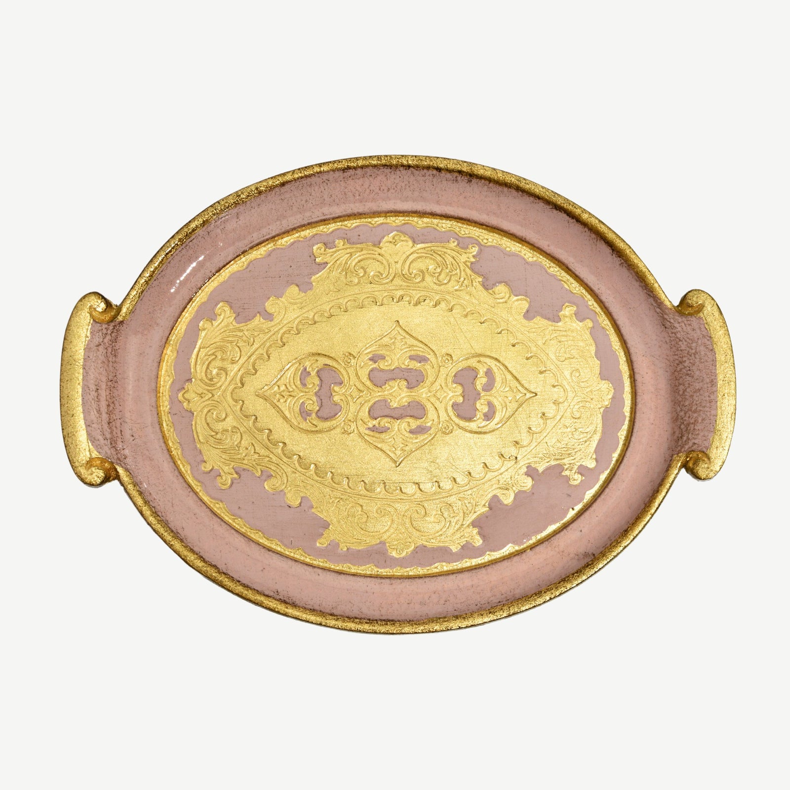 Decorative Florentine carved wood small oval tray with handles in multiple colors, ideal for display or serving.