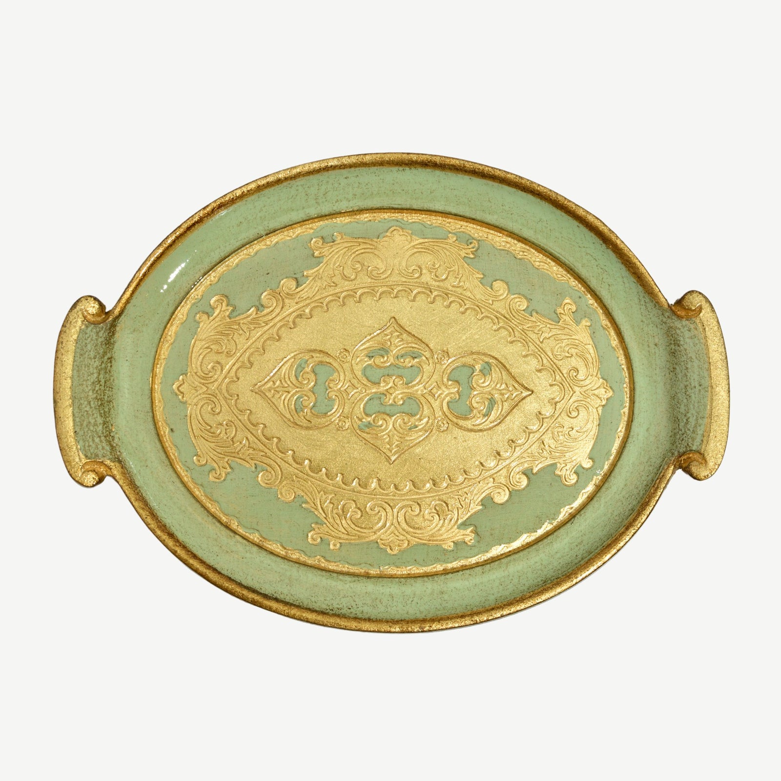 Decorative Florentine carved wood small oval tray with handles in multiple colors, ideal for display or serving.
