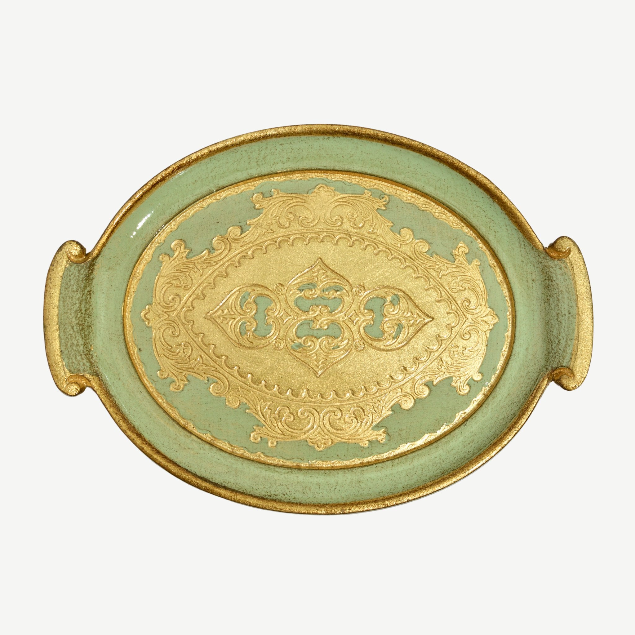 Decorative Florentine carved wood small oval tray with handles, featuring intricate patterns in a sage finish, from My Italian Decor.