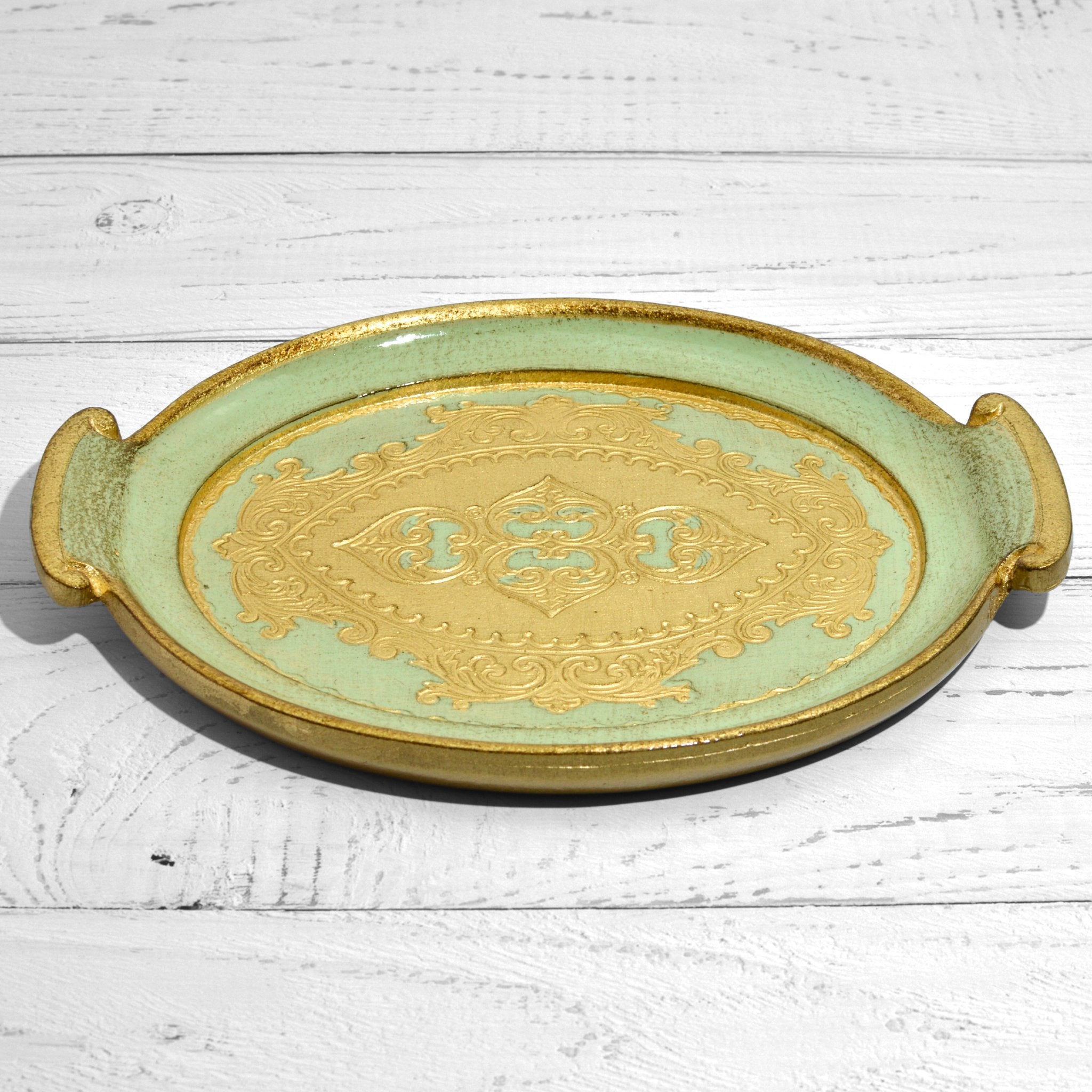 Decorative Florentine carved wood oval tray with handles in sage color, ideal for serving or home decor from My Italian Decor.