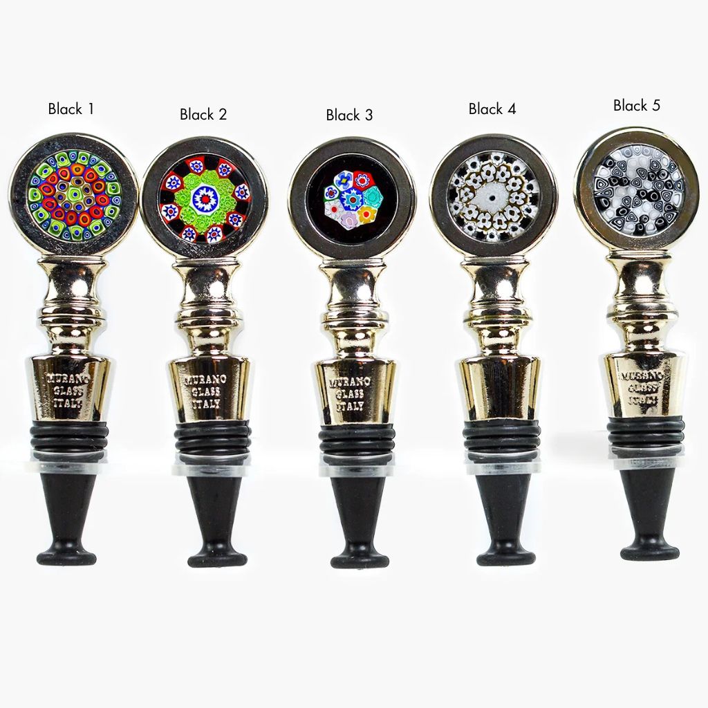 Millefiori metal wine stopper with colorful glass design, made in Italy, for sealing wine bottles effectively.