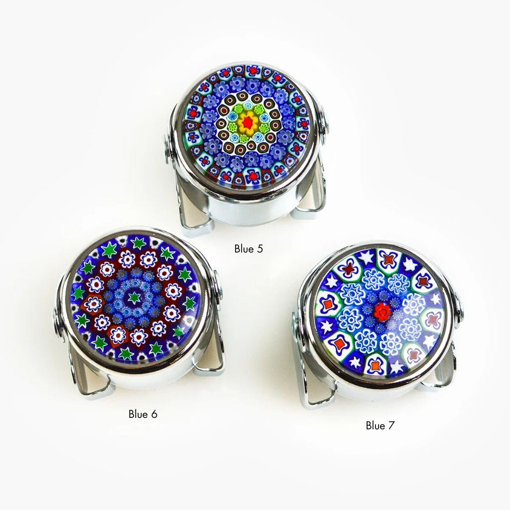 Two Millefiori Champagne stoppers by My Italian Decor, made in Italy, showcasing colorful glass designs for sealing bottles.