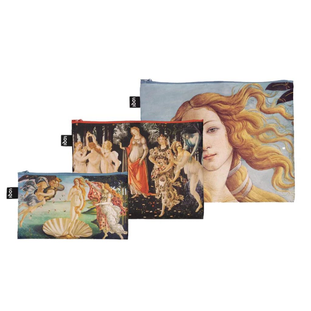 Set of three Botticelli Birth of Venus zipper pocket handbags by My Italian Decor, featuring artistic printed designs.