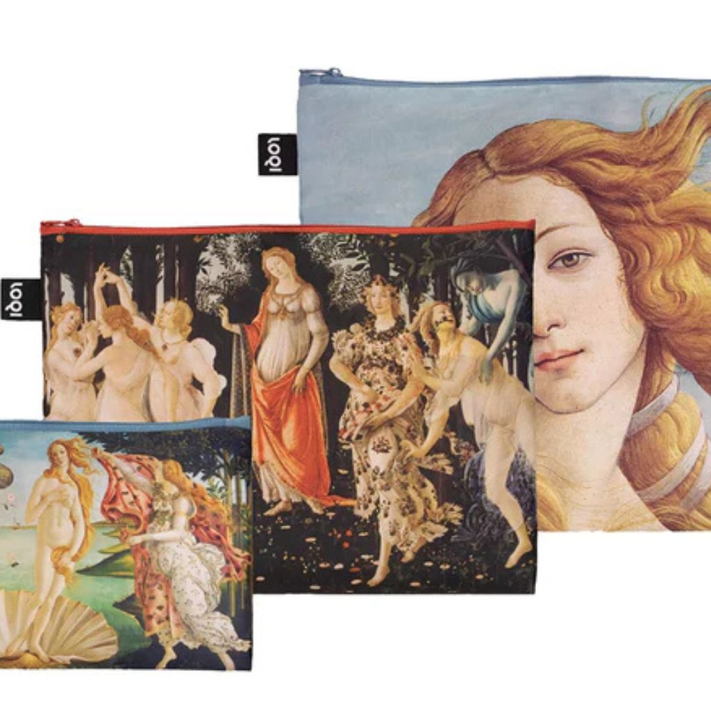 Set of 3 Botticelli Birth of Venus zipper pocket handbags by My Italian Decor, featuring artistic printed fabric and practical pockets.