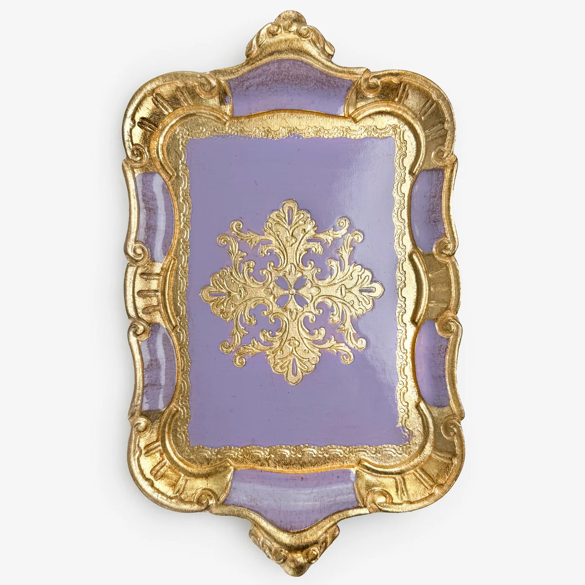Small Florentine carved wood tray with handles, decorative Italian tray by My Italian Decor, featuring intricate floral patterns in lilac.