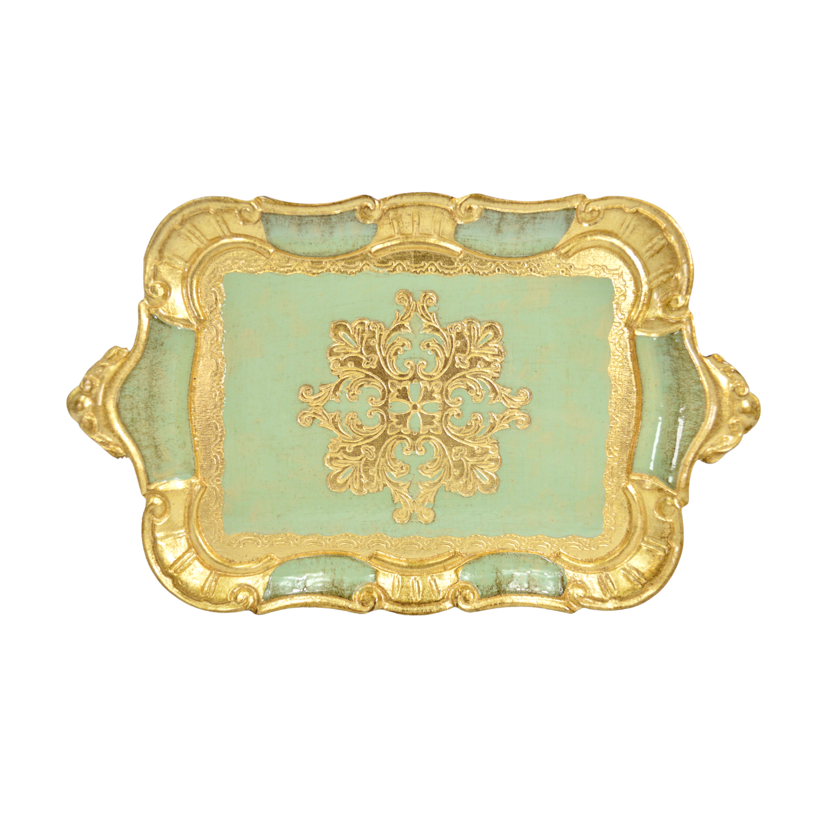 Small Florentine carved wood tray with handles, decorative Italian tray by My Italian Decor, featuring intricate floral carvings and vibrant colors.