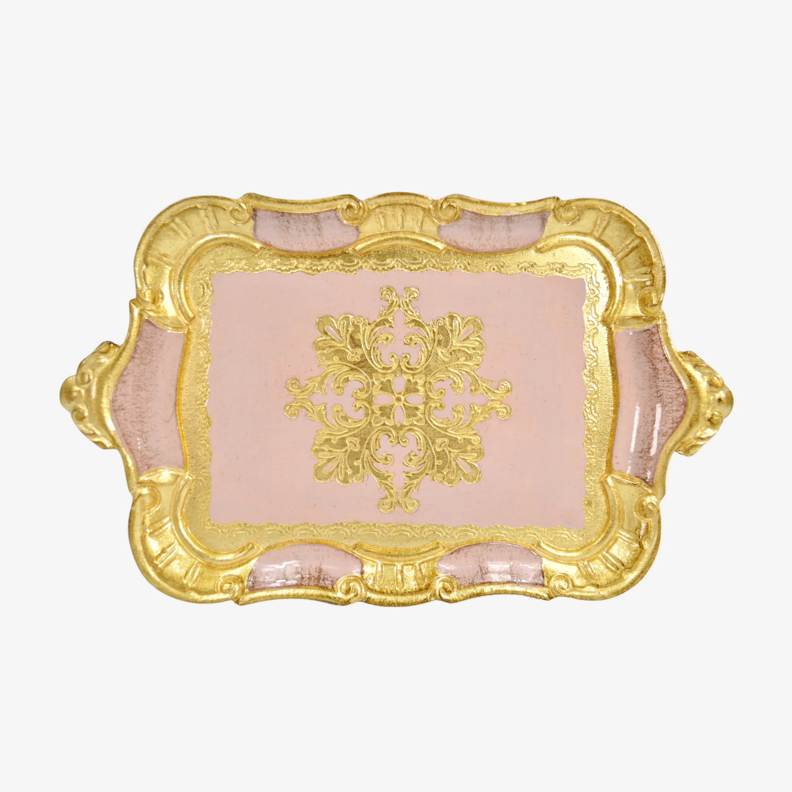 Small Florentine carved wood tray with handles, decorative Italian tray by My Italian Decor, featuring intricate floral carvings and vibrant colors.