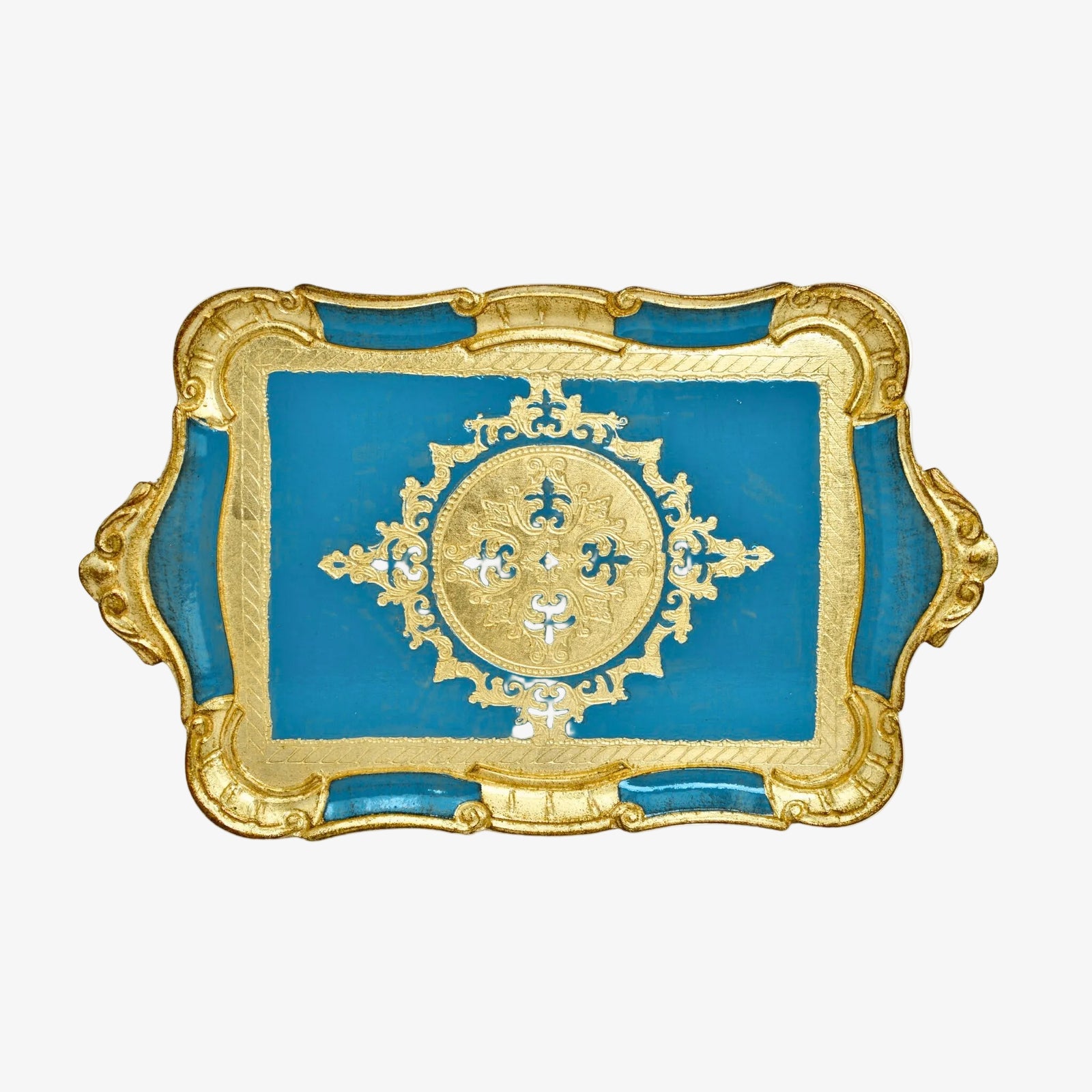 Decorative Florentine carved wood tray by My Italian Decor with a rectangle shape and scalloped edges, ideal for elegant table displays.