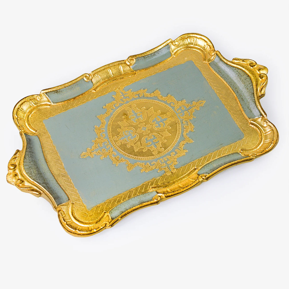 Decorative Florentine carved wood rectangular tray with scalloped edges, crafted by My Italian Decor for elegant home decor.