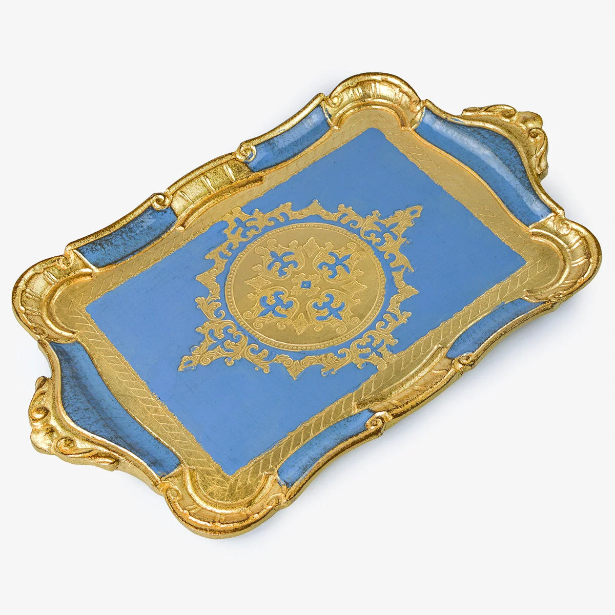 Decorative Florentine carved wood tray with scalloped edges, rectangle shape, from My Italian Decor for elegant home decor.