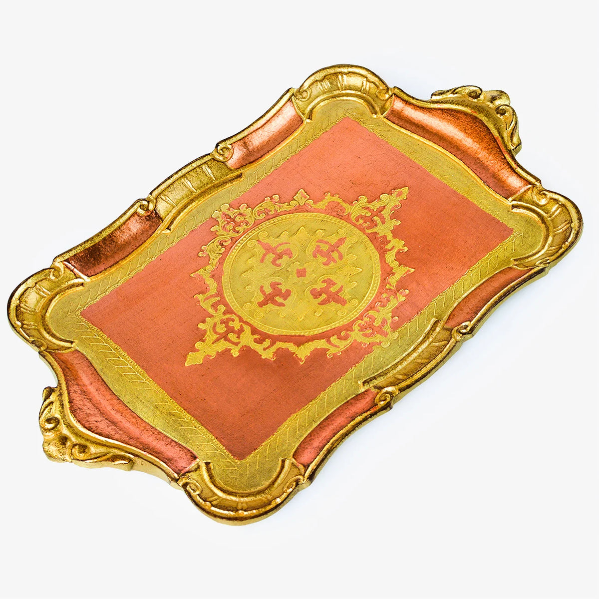 Decorative Florentine carved wood tray with scalloped edges, rectangular shape, featuring intricate Italian-inspired design.