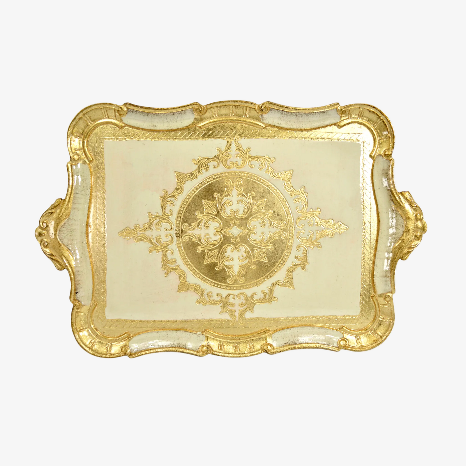Decorative Florentine carved wood tray by My Italian Decor with a rectangle shape and scalloped edges, ideal for elegant table displays.