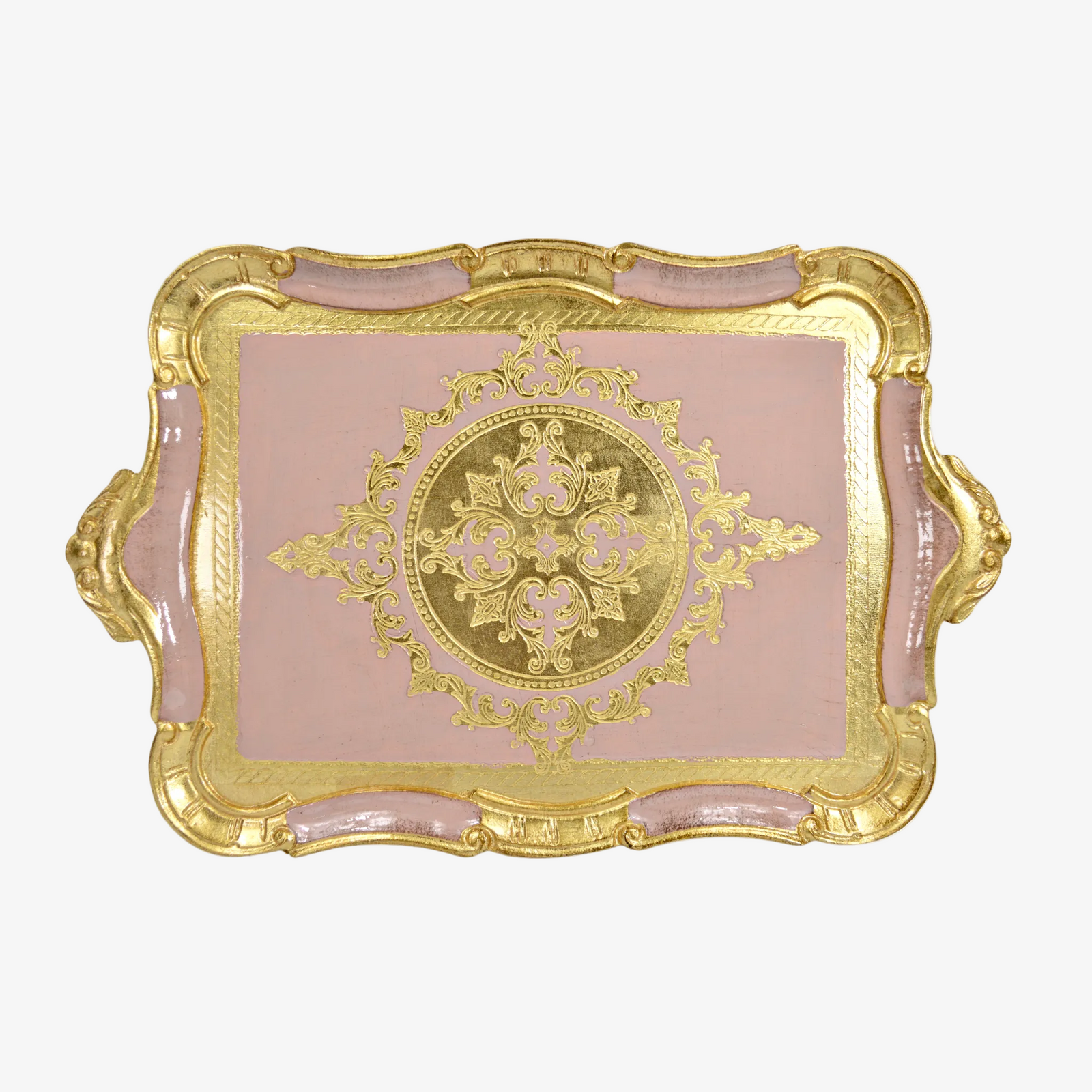 Decorative Florentine carved wood tray by My Italian Decor with a rectangle shape and scalloped edges, ideal for elegant table displays.