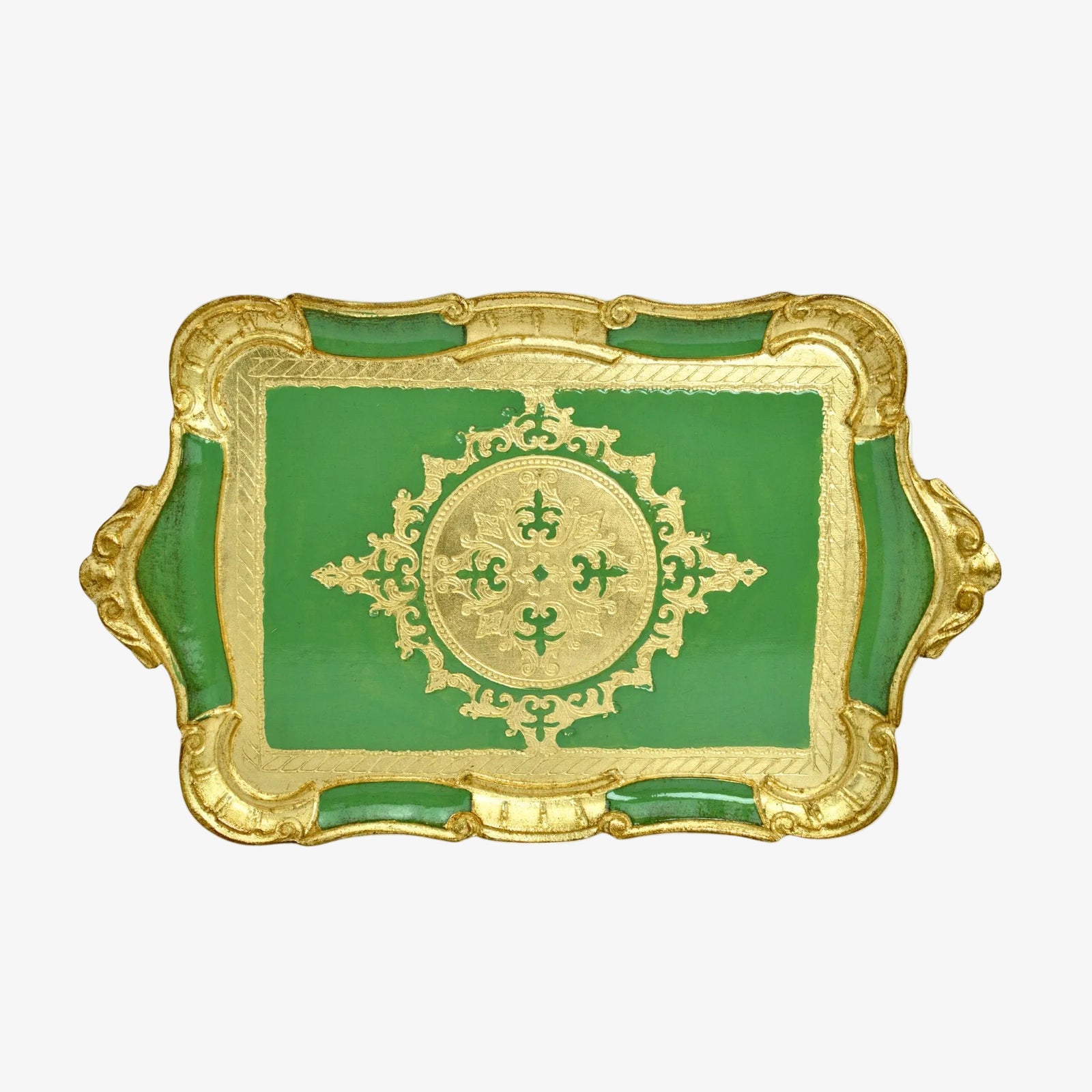 Decorative Florentine carved wood tray by My Italian Decor with a rectangle shape and scalloped edges, ideal for elegant table displays.