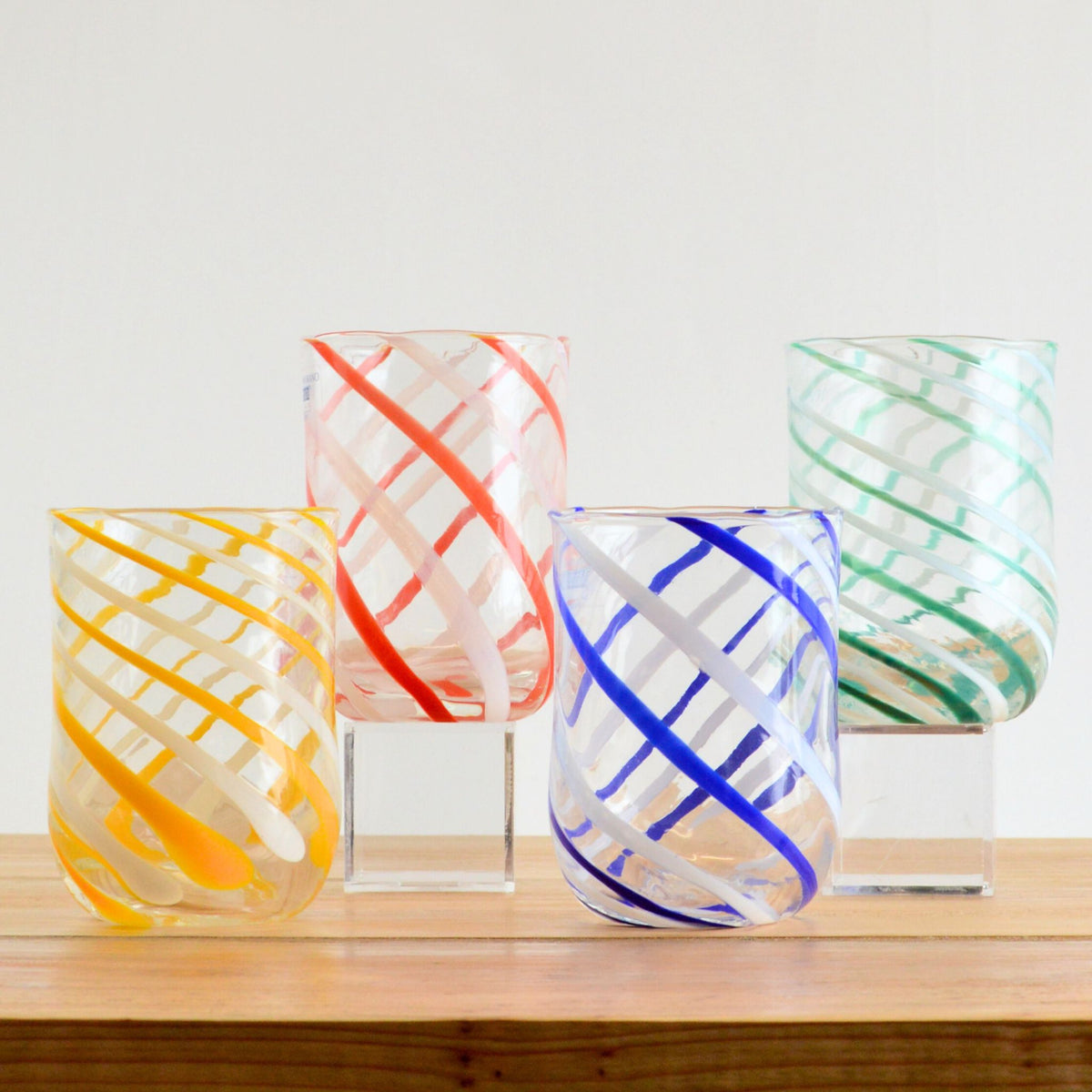 Italian Handblown Glass Tumblers - Blue, Red, Green, Yellow, Spiral Design