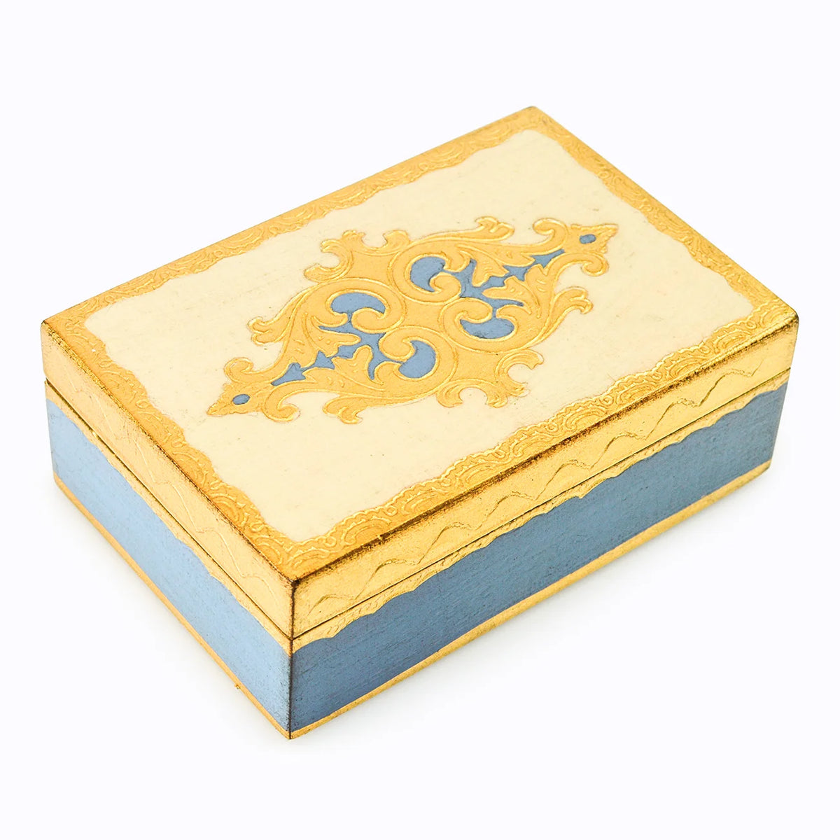 Florentine carved wood jewelry storage box in Capri blue, 4x6 inches, decorative jewelry box with intricate carved details by My Italian Decor