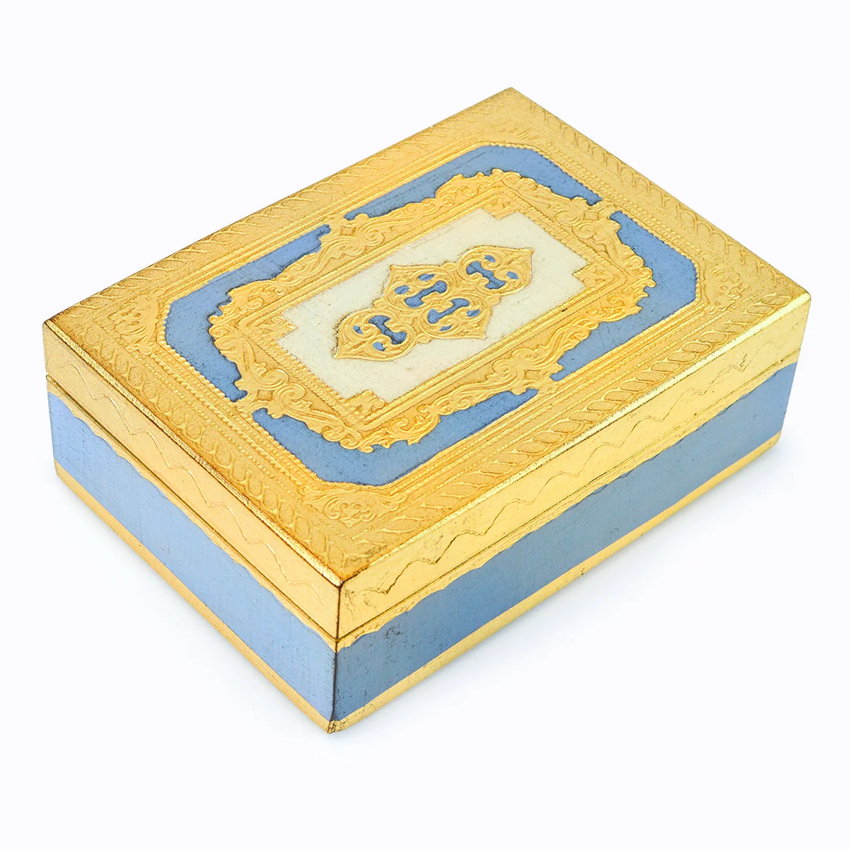 Florentine carved wood jewelry storage box in Capri blue, 5x7 inches with intricate detailing and elegant design by My Italian Decor.