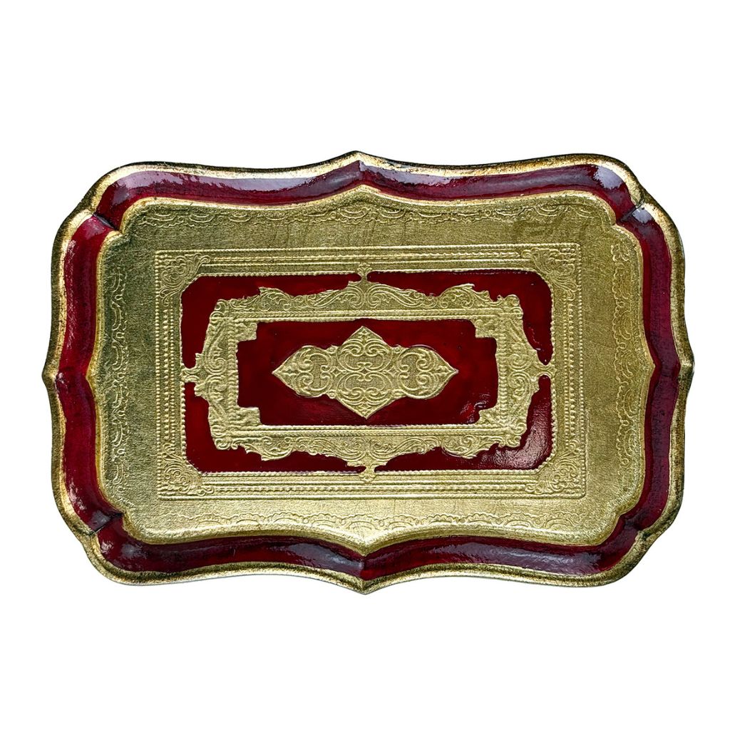 Decorative Florentine carved wood rectangle mini tray with scalloped edges, featuring layered colorful designs by My Italian Decor.