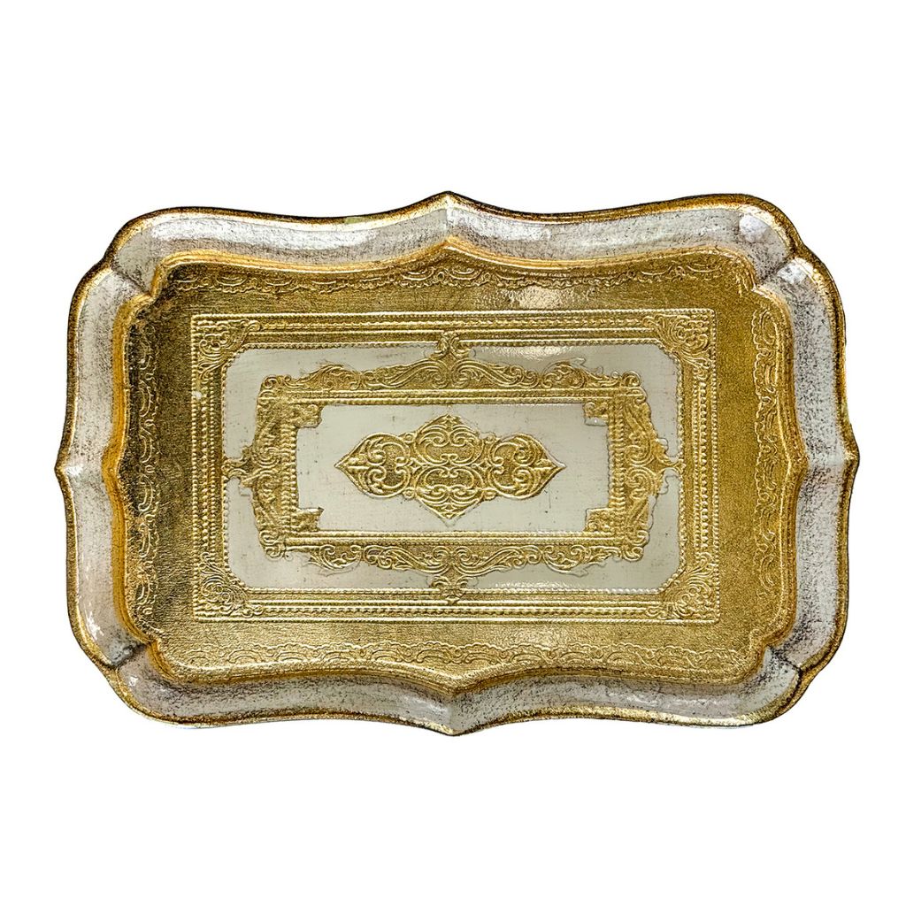 Decorative Florentine carved wood rectangle mini tray with scalloped edges, featuring layered colorful designs by My Italian Decor.