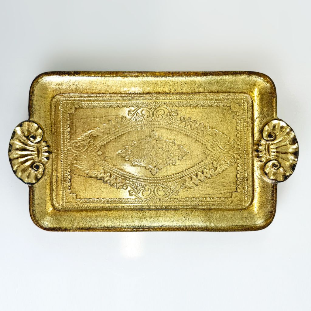 Florentine Carved Wood Rectangle Mini Tray with Shell Handles, Made in Italy