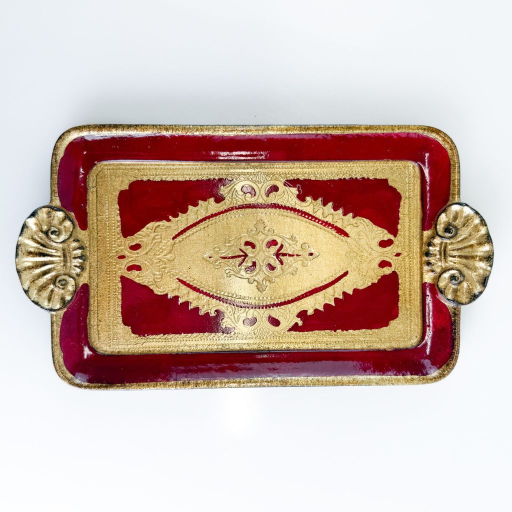 Decorative Florentine carved wood rectangle mini tray with shell handles, made in Italy, by My Italian Decor.