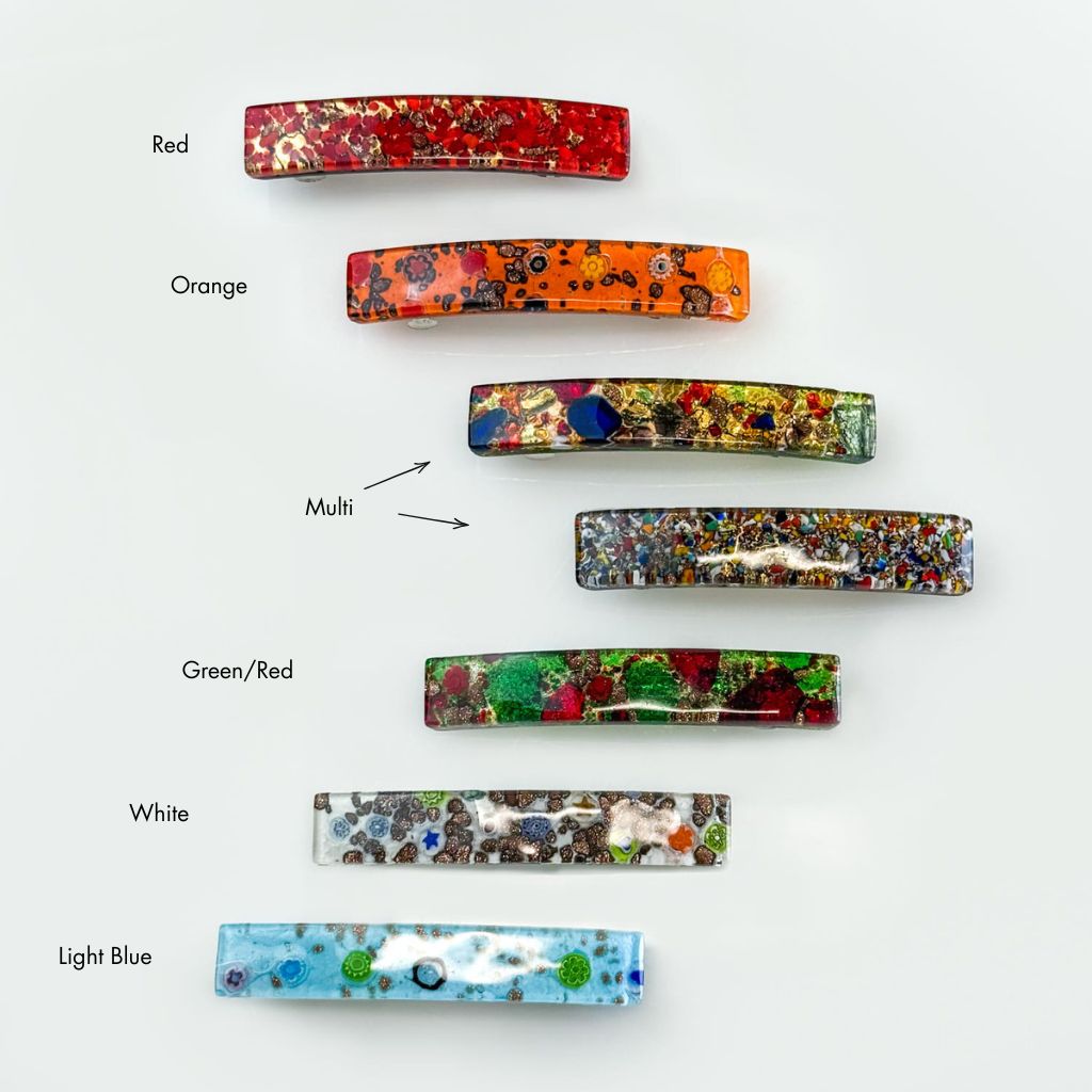 Murano glass hair barrette by My Italian Decor featuring colorful handcrafted glass and a sleek metal clip for elegant styling.