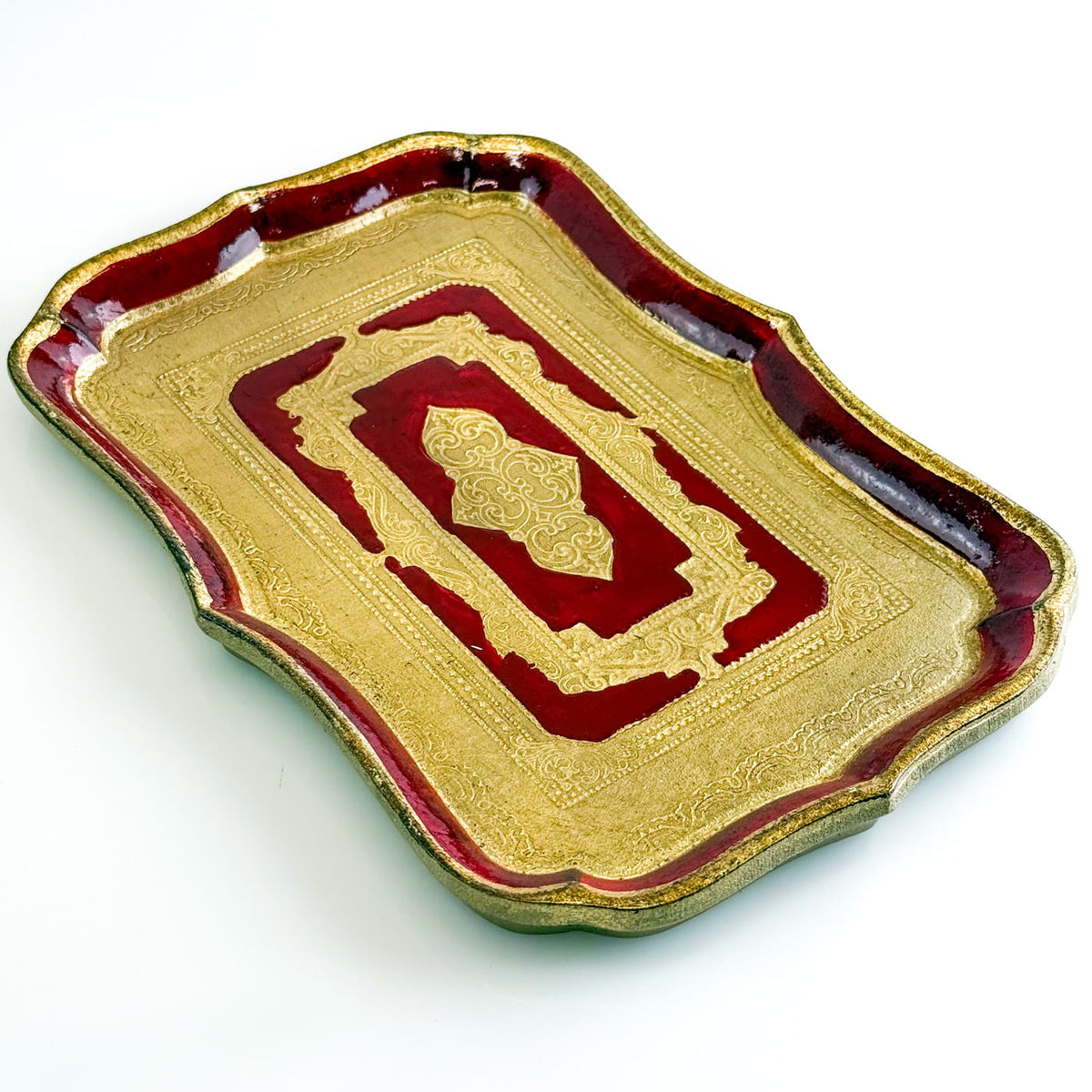 Florentine Carved Wood Rectangle Scalloped Mini Tray