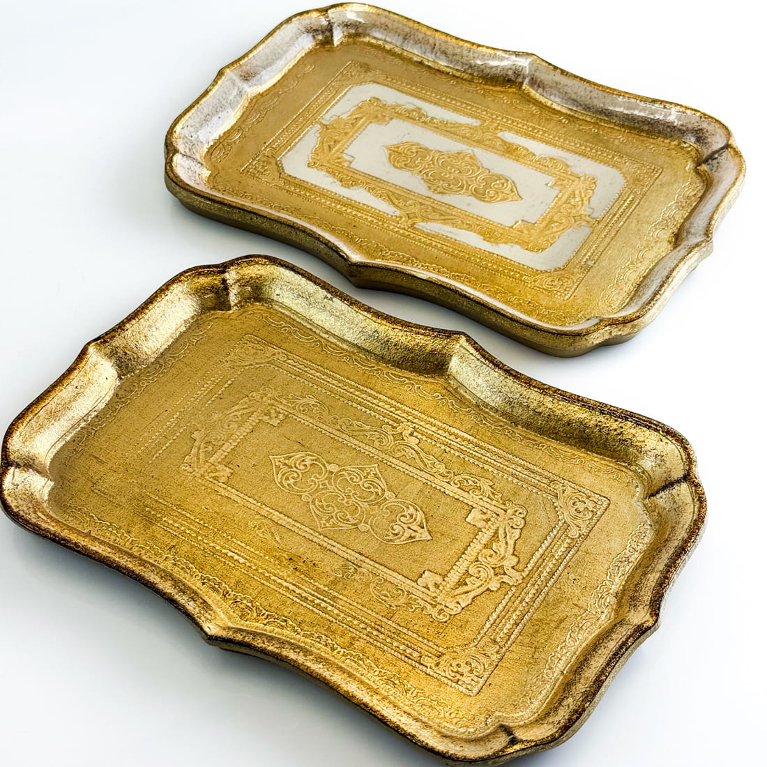 Decorative Florentine carved wood rectangle mini tray with scalloped edges in layered design, from My Italian Decor.