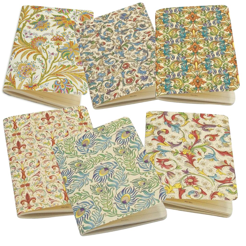 Set of 4 My Italian Decor softcover journals with Florentine design in assorted colors, 4x6 inches, ideal for writing and note-taking.