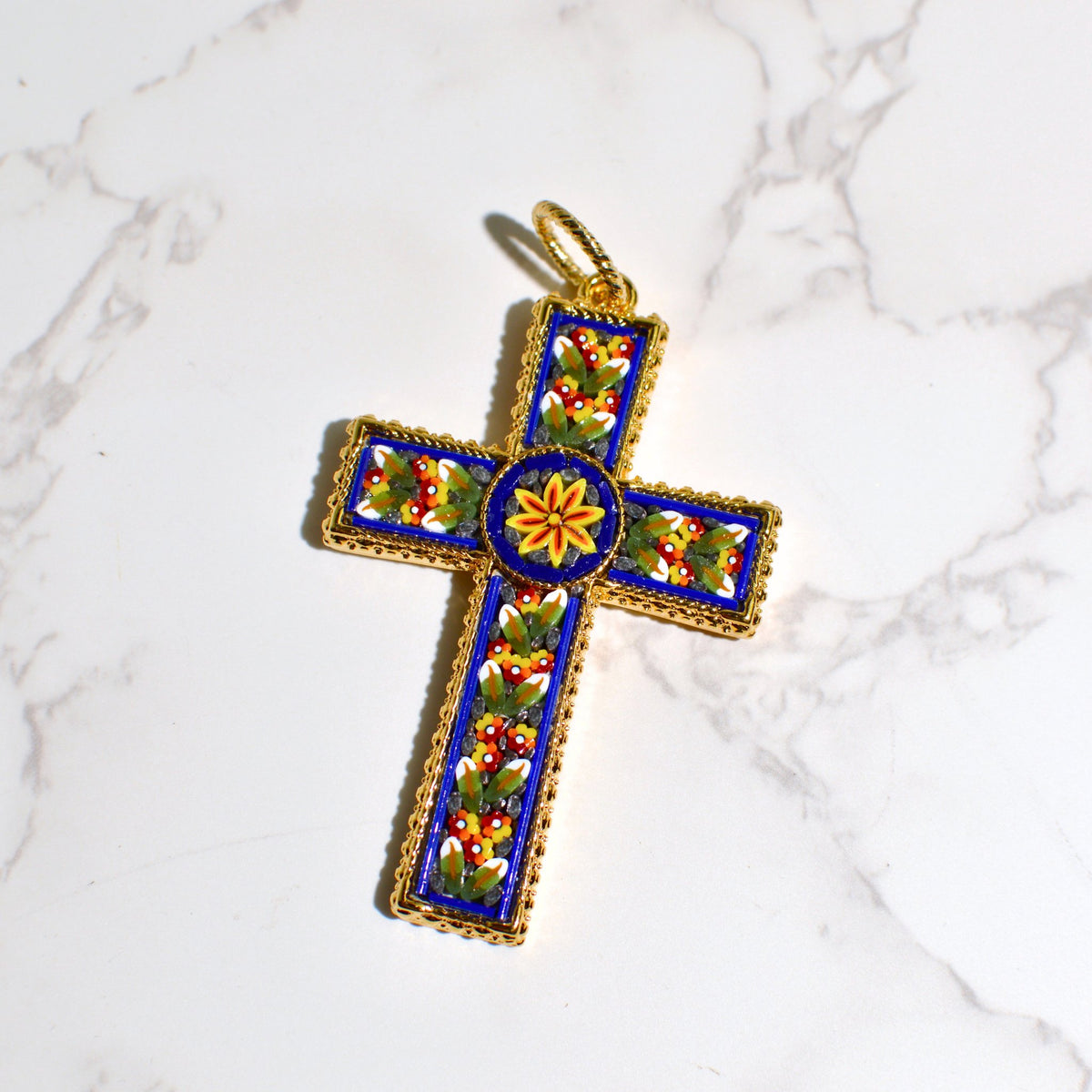 Florentine Mosaic Cross Large Floral Pendant, Made in Italy - My Italian Decor