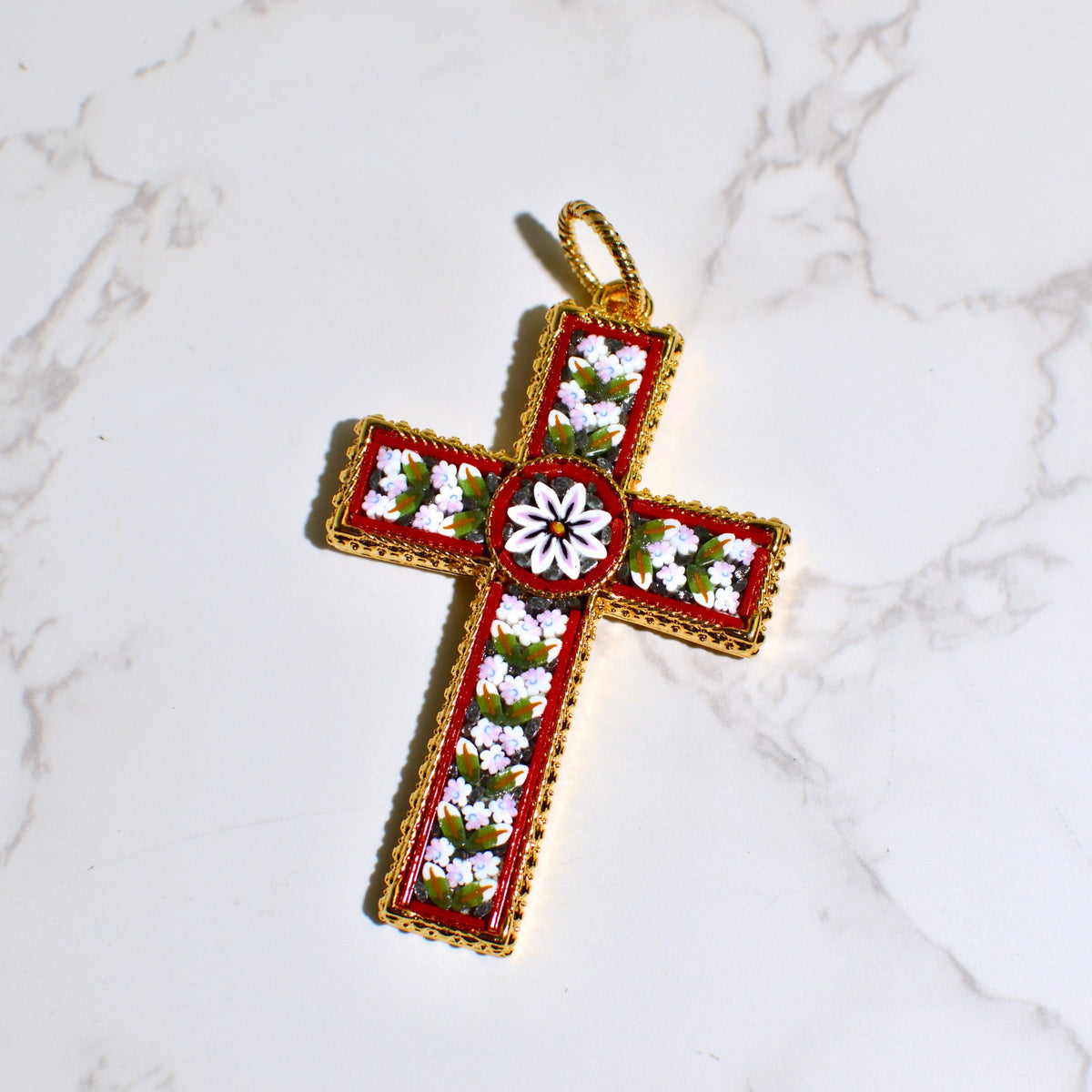 Florentine Mosaic Cross Large Floral Pendant, Made in Italy - My Italian Decor