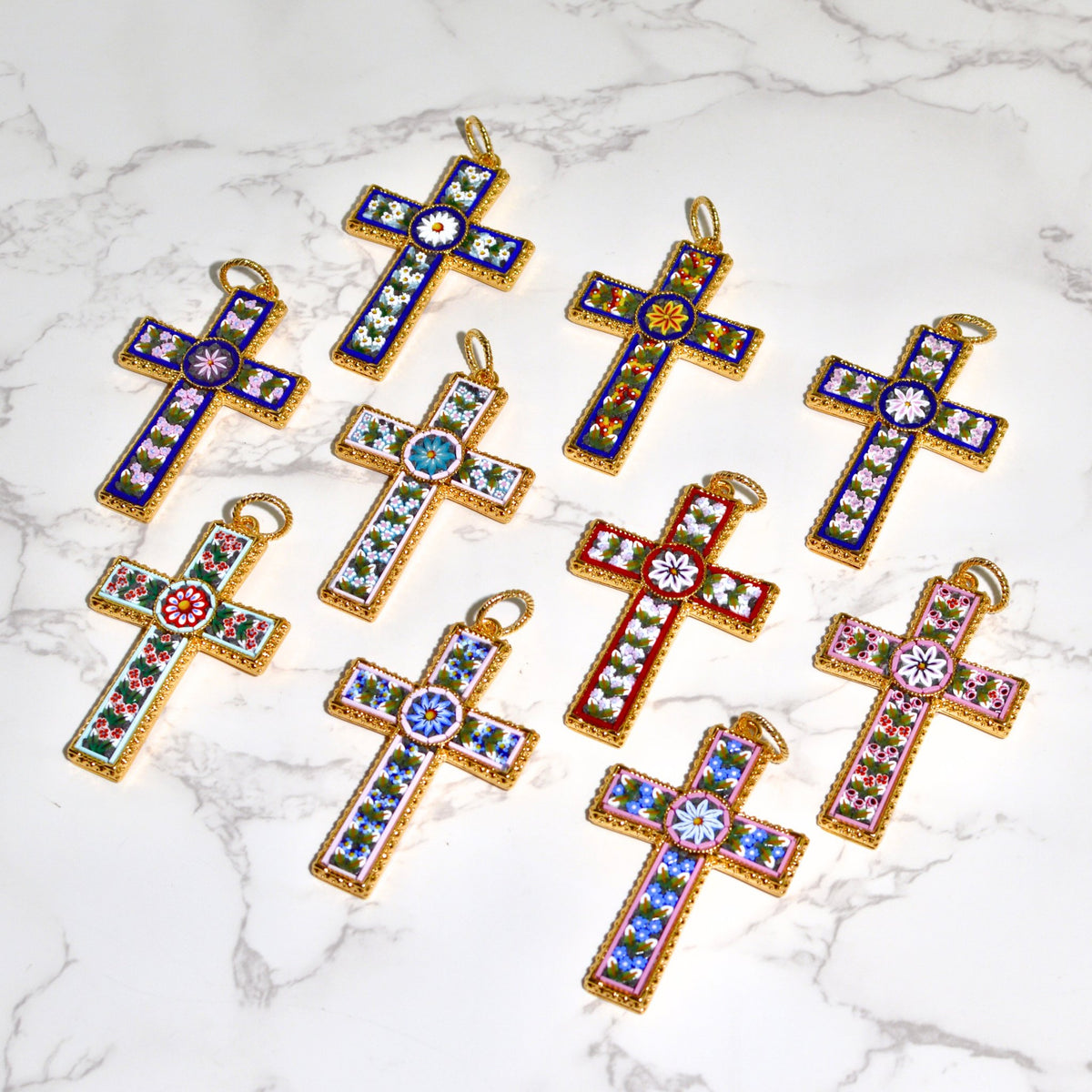 Florentine Mosaic Cross Large Floral Pendant, Made in Italy - My Italian Decor