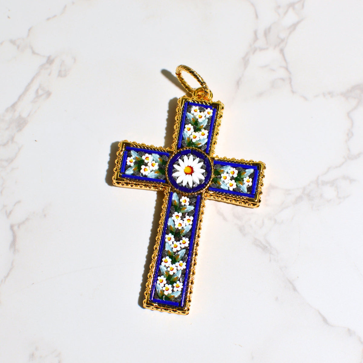 Florentine Mosaic Cross Large Floral Pendant, Made in Italy - My Italian Decor