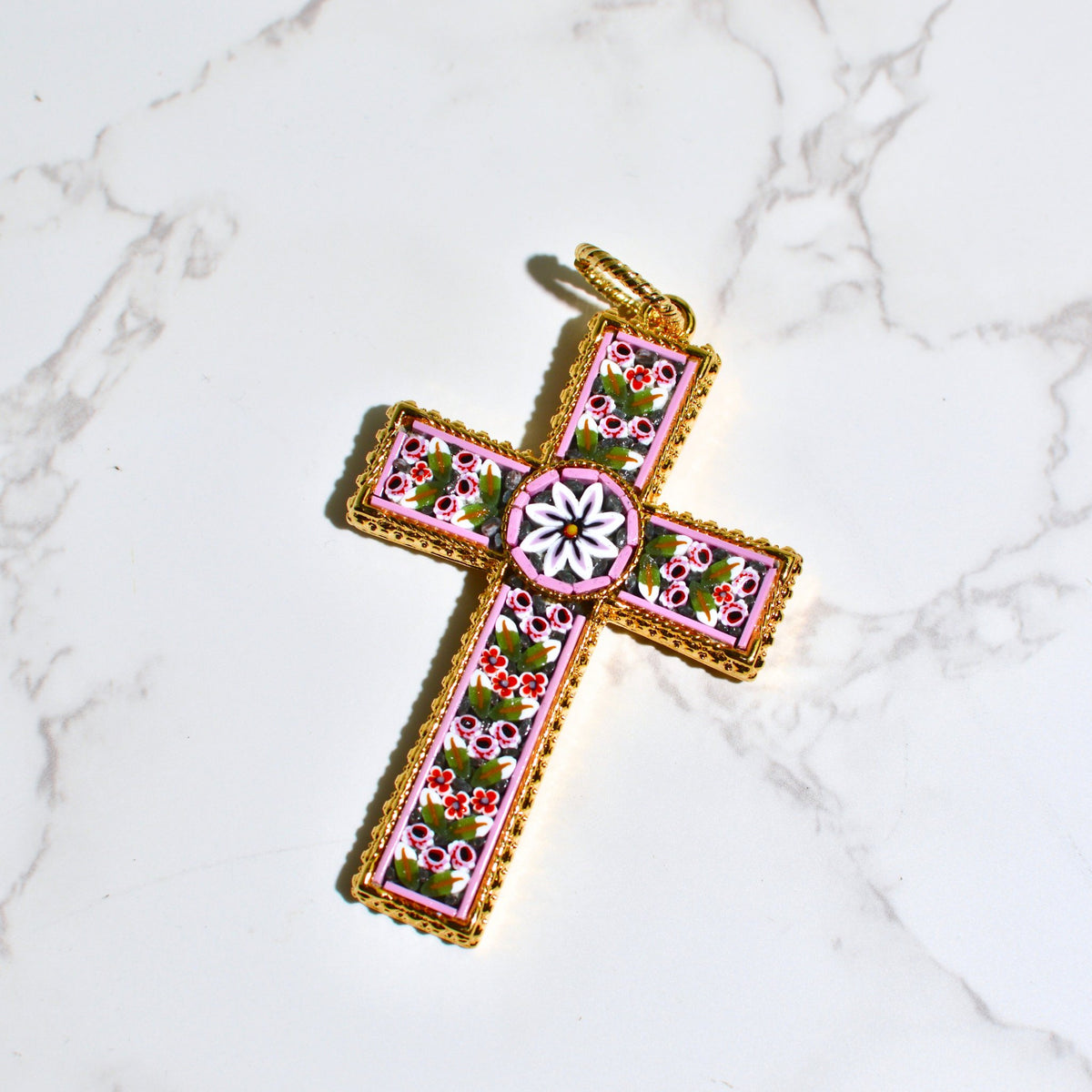 Florentine Mosaic Cross Large Floral Pendant, Made in Italy - My Italian Decor