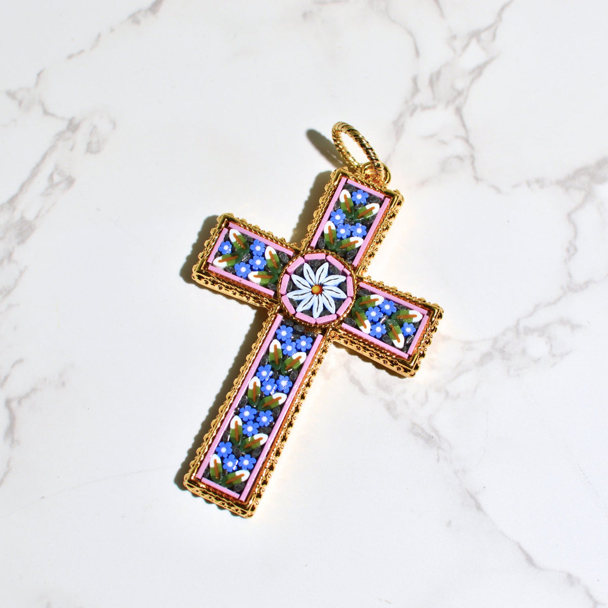 Florentine Mosaic Cross Large Floral Pendant, Made in Italy - My Italian Decor