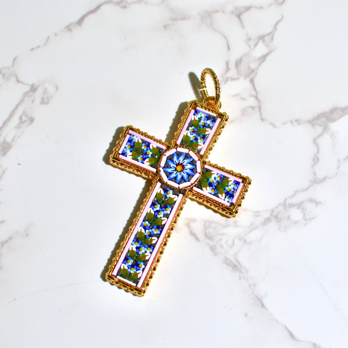 Florentine Mosaic Cross Large Floral Pendant, Made in Italy - My Italian Decor