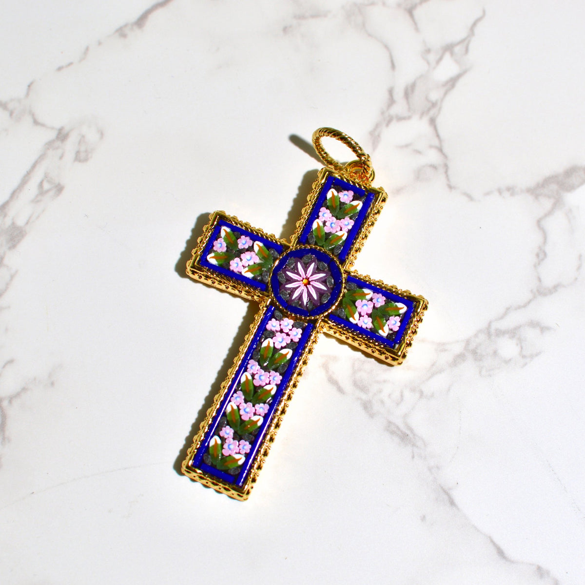 Florentine Mosaic Cross Large Floral Pendant, Made in Italy - My Italian Decor