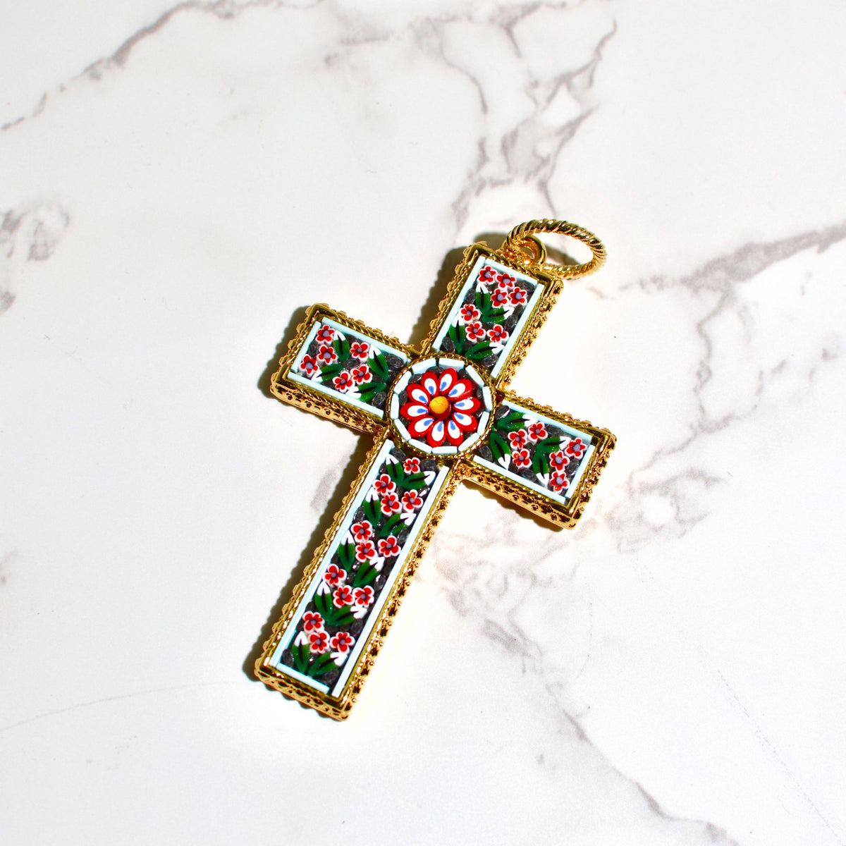 Florentine Mosaic Cross Large Floral Pendant, Made in Italy - My Italian Decor