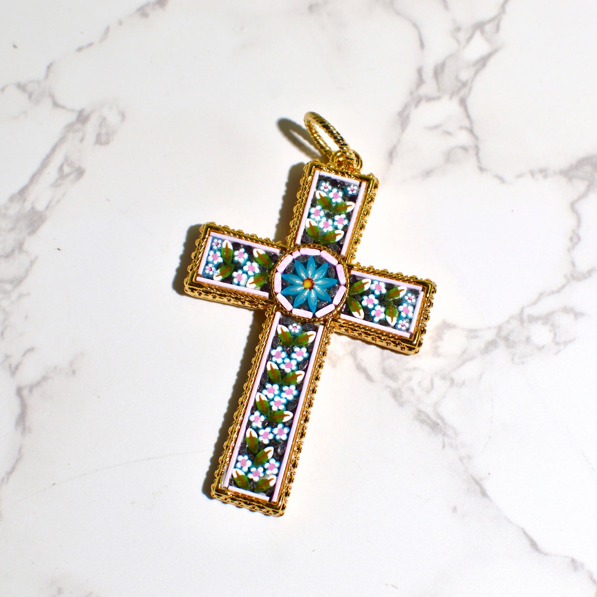 Florentine Mosaic Cross Large Floral Pendant, Made in Italy - My Italian Decor