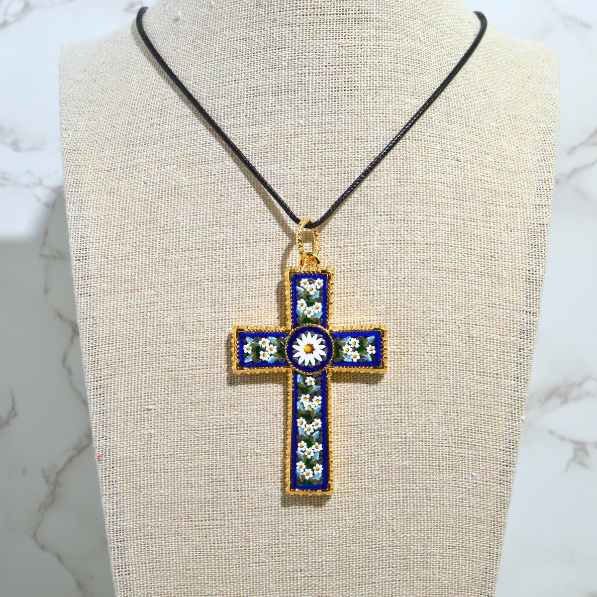 Florentine Mosaic Cross Large Floral Pendant, Made in Italy - My Italian Decor